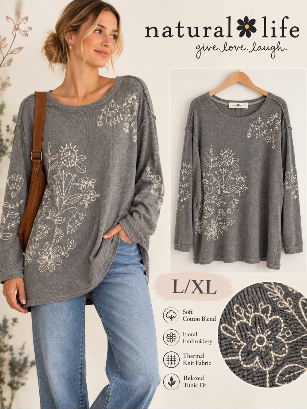 NATURAL LIFE Gray Floral Embroidered Tunic Waffle Thermal Top L/XL Oversized